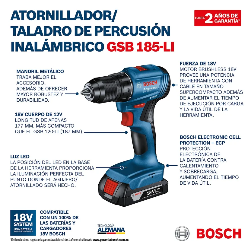 TALADRO PERCUTOR Y ATORNILLADOR INALÁMBRICO 18V MOTOR BRUSHLESS GSB 185-LI 2B - Image 2
